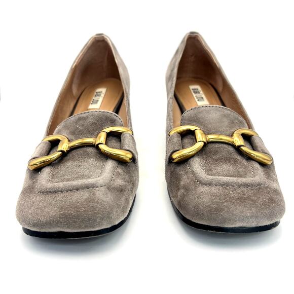 Bibi Lou Valencia Heeled Loafers Dove Grey Suede Gold Horse Bit Square Toe 37 - Picture 2 of 9